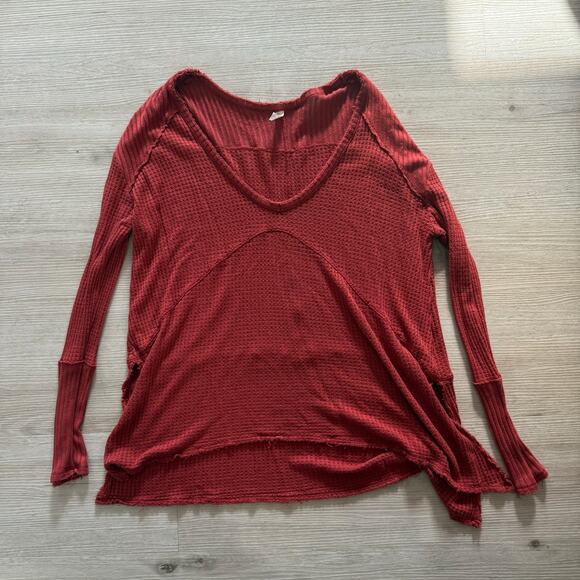 Free People Orange Rust Long Sleeve Scoop Neck Waffle Knit Tunic Blouse Small - Picture 1 of 5